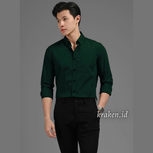 KEMEJA PRIA HIJAU BOTOL GREEN POLOS COTTON RAMI LENGAN PANJANG PREMIUM HEM PRIA PANJANG POLOS