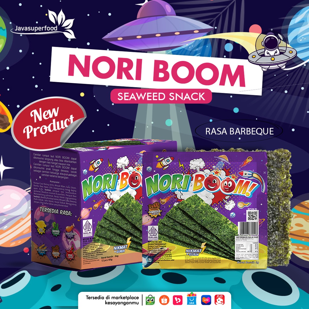 NoriBoom (1 DUS ISI 60 PCS) / Nori Sachet Seaweed Snack 3g Rumput Laut Halal Rasa Original