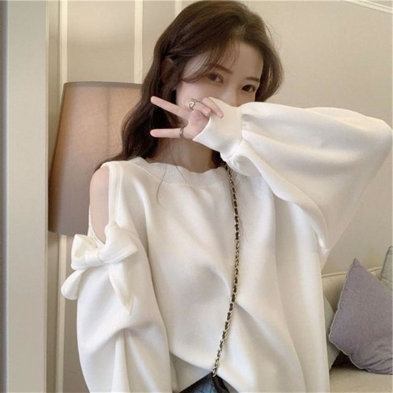 ❁☍Busur simpul off-the-shoulder leher bulat sweater wanita asing gaya goreng jalan top musim semi dan musim gugur baru longgar gaya malas desain masuk akal