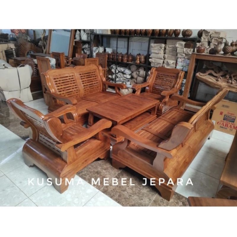 Set Meja Kursi Tamu Tulang Gajah Kayu Jati (1 Meja 4 Kursi)