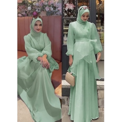 Gamis Malaysia Melayu Wanita Terbaru 2023 Dress Organza Sage Terbaru Kekinian Dress Pesta Dress Gami