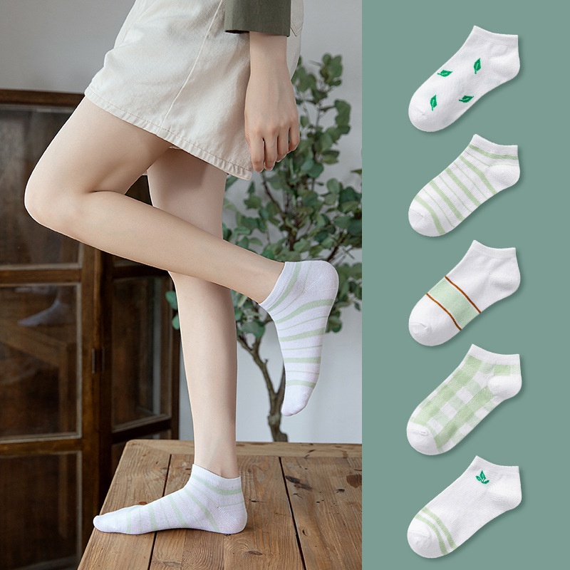 IL - Kaos Kaki Wanita Motif Daun Hijau Putih Kaos Kaki Pendek Semata Kaki SC-29