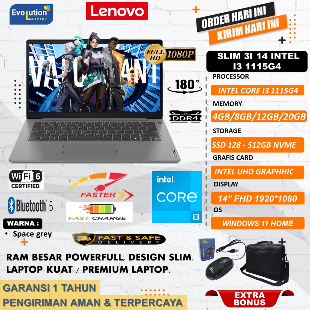 Laptop Murah Baru Lenovo Ideapad Slim 3I 14 Intel core I3 1115G4 20GB 512GB 14 FHD Windows 11 GREY