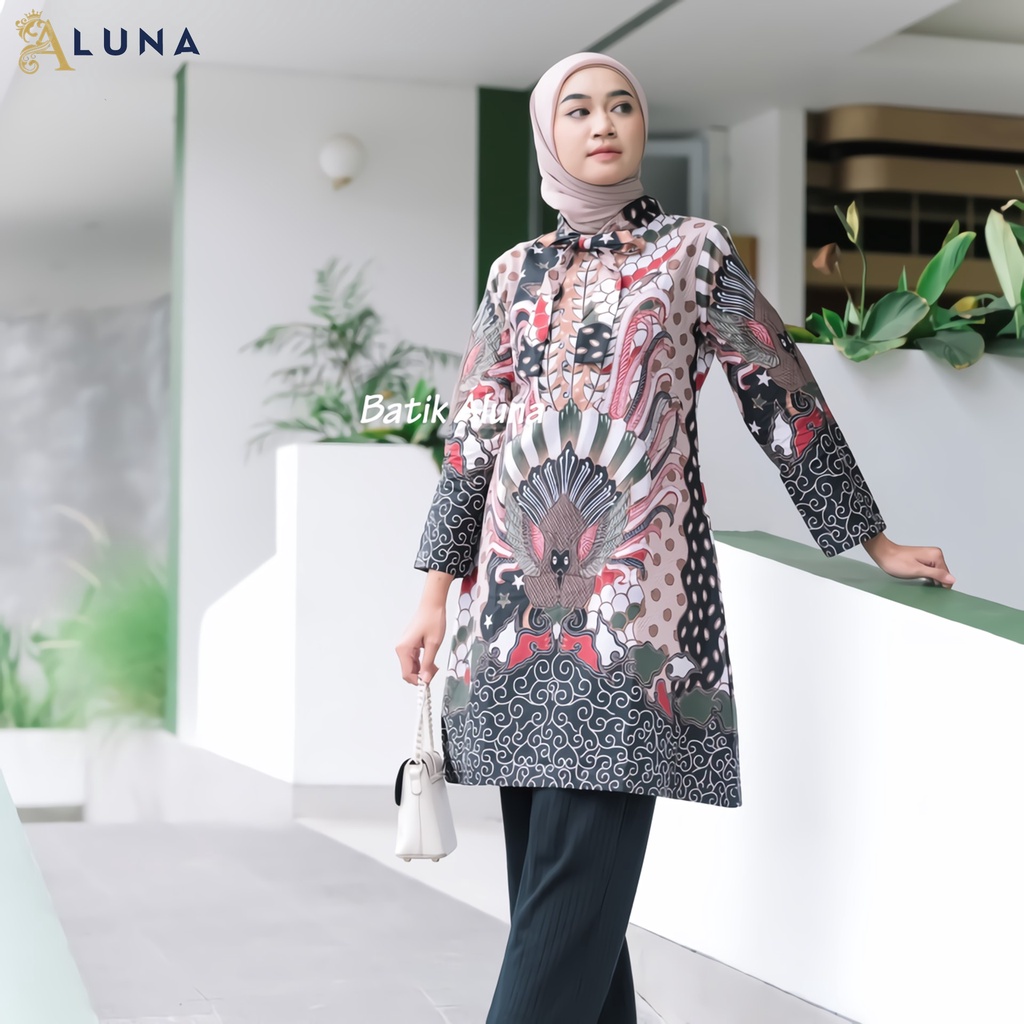 Baju Batik Wanita Tunik Lengan Panjang Katun Lapis Trikot Premium Modern Original Batik Kerja Kantor Kondangan Size M L XL XXL 005