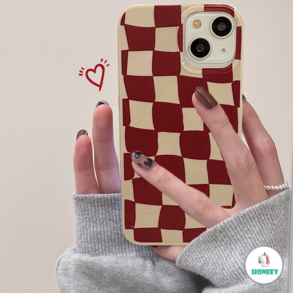 IPHONE Fashion Anggur Merah Kisi Grid Glossy Casing Ponsel Untuk Iphone14 13 12 11 Pro Max Halus Tipis Lembut TPU Belakang Ponsel Cover