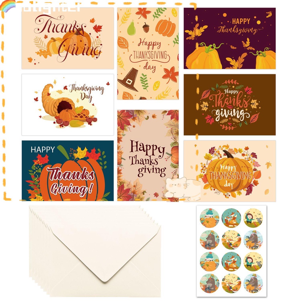 Solighter 8Pcs/set Kartu Ucapan Syukuran Amplop Hari Syukuran Holiday Pumpkin Note Card