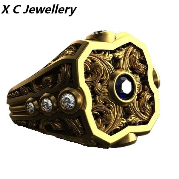 [X C Perhiasan] Hip Hop Rock Retro Pria Fashion Cincin Permata Biru Aksesoris Perhiasan Pesta