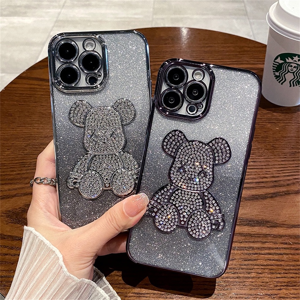 Luxury Diamond Bear shockproof case iPhone 14 Pro Max case iPhone 13 12 11 Pro Max14 Plus Proteksi Kamera aesthetic Full case Berlapis Tertutup