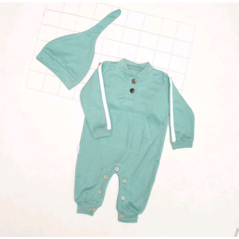 NIA Set Jumper Saku Sleepsuit Bayi + Topi Polos Premium