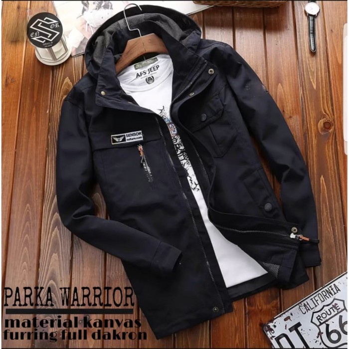 jaket pria Jaket Parka Pria Tahan Angin Windbreaker Canvas SS ORI MOD WAR - Hitam, M(G5C3) Waterproo