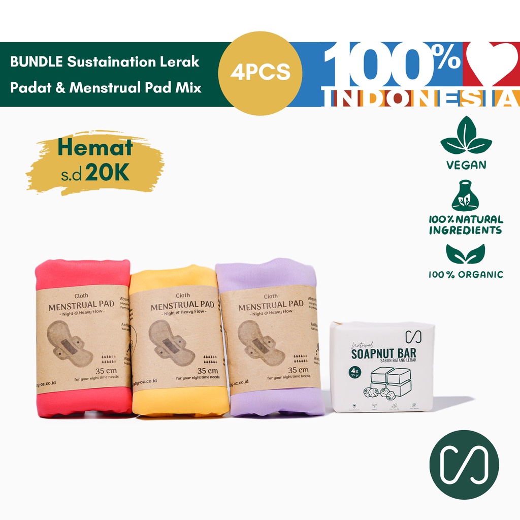 Sustaination Lerak Padat dan Menstrual Pad - Sabun Cuci Alami dan Menspad Kain 3pcs