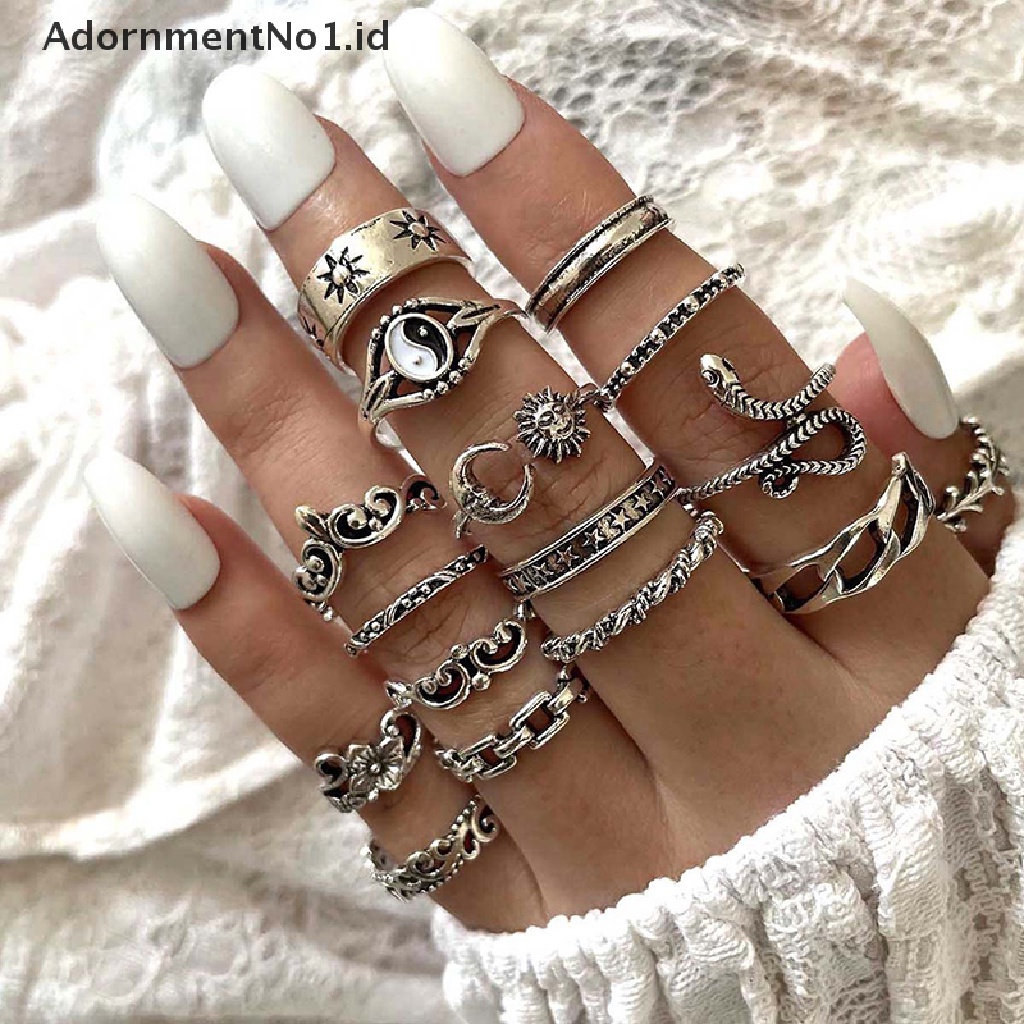 [AdornmentNo1] Tren Fashion Gaya Temperamen Perhiasan Kepribadian Perempuan Retro Alloy Ular Bulan Gosip Matahari Cincin Set [ID]