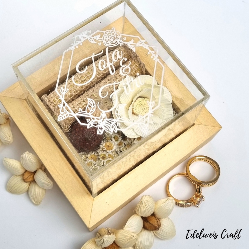 (Ready Stock) Hantaran Mini Box Cincin Pernikahan Kayu Akrilik Gaya Rustic bonus Custom Nama