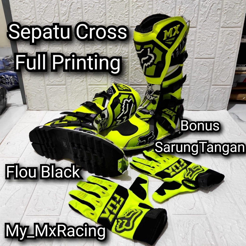 Sepatu Trail Fullprint - Sepatu Motocross Besi - Sepatu Trabas KUALITAS PREMIUM - Sepatu Boots - Sepatu MX - 005 BONUS SARUNG TANGAN