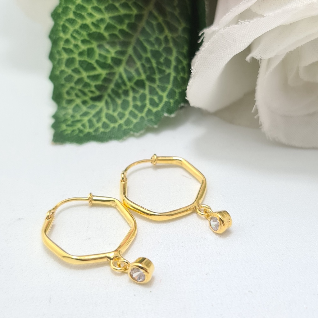 Anting Ring Emas Muda Segi 6 Bandul Mata Putih