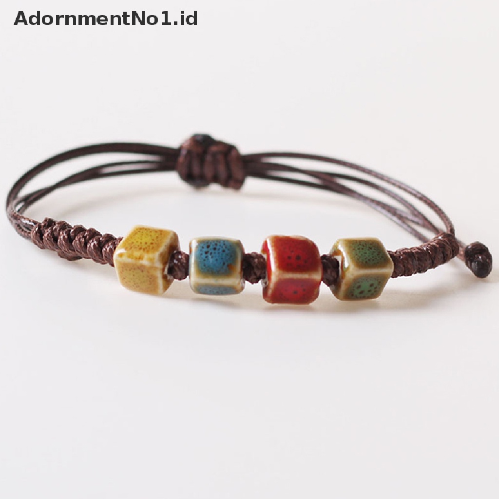 [AdornmentNo1] Kasual Gaya Etnik Fashion Keramik Manik-Manik Dainty Gelang Untuk Wanita Pria Bangle Adjustable Handmade Manik-Manik Keramik Wax Rope Bracelets [ID]