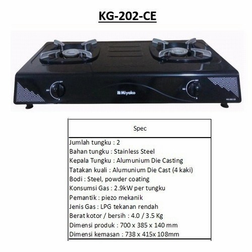 MIYAKO KG-202CE Kompor Gas 2 Tungku + (Selang & Regulator) ORIGINAL.