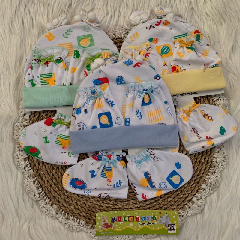 Topi Set Bayi + Sarung Tangan dan Kaki Bayi motif JUNGLE KOMBINASI NEWBORN