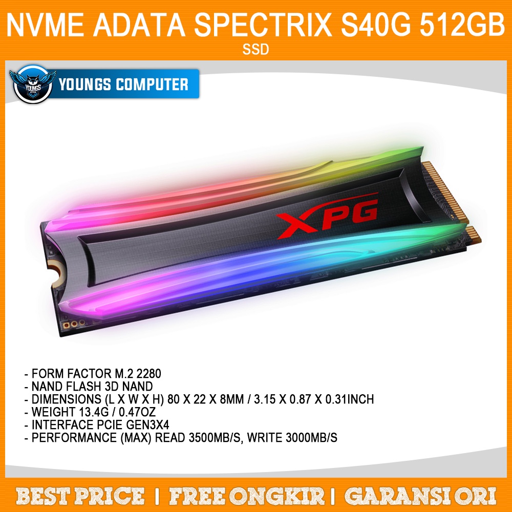 ADATA XPG SPECTRIX S40G RGB 512GB Gen3x4 M.2 SSD NVMe GARANSI 5 TAHUN