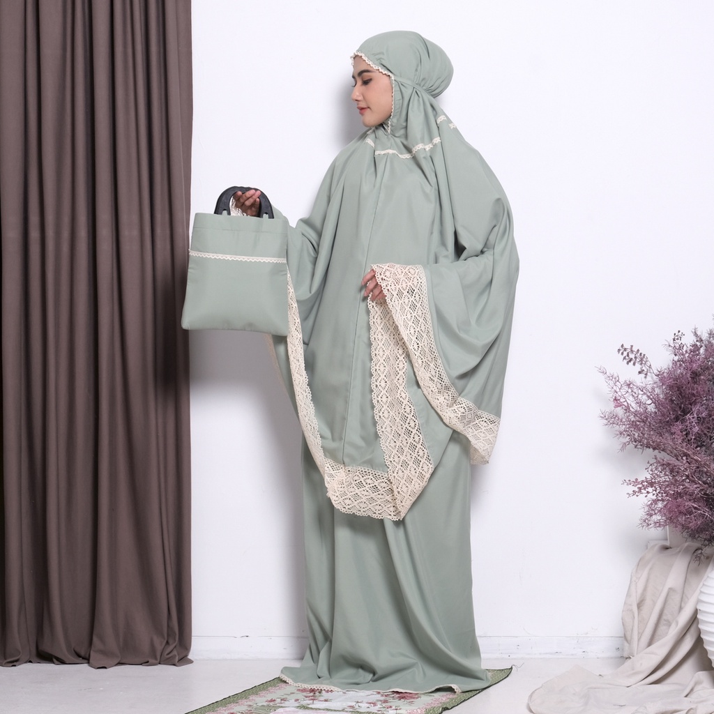 Set Sajadah + Mukena Renda Rajut Besar Lebar Haida Dewasa Jumbo Katun Polos