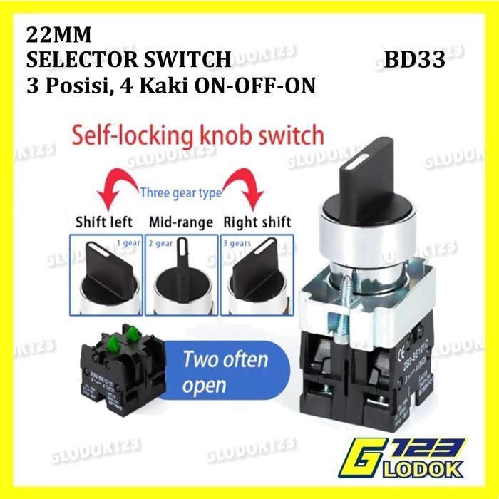 Selector Switch 22mm 2 3 posisi 1 2 NO NC 2 4 Kaki On Off On