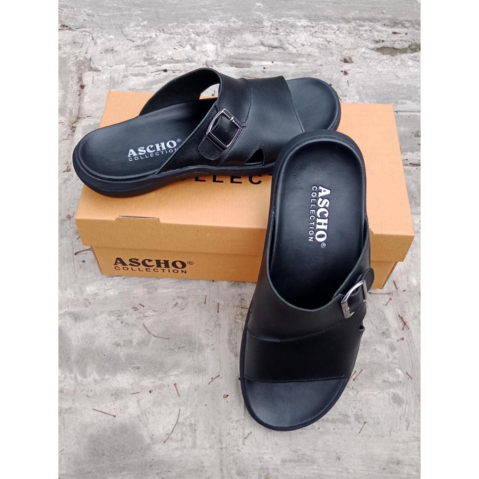 terbaru sandal kulit asli black ascho a26