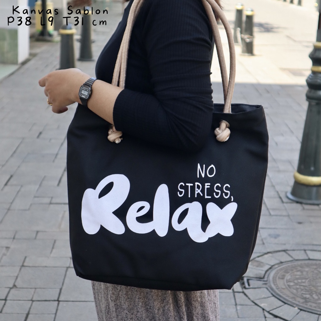Tas tote Totebag hitam Wanita Kanvas warna gelap sablon gambar motif tali sumbu tambang murah semarang bisa COD