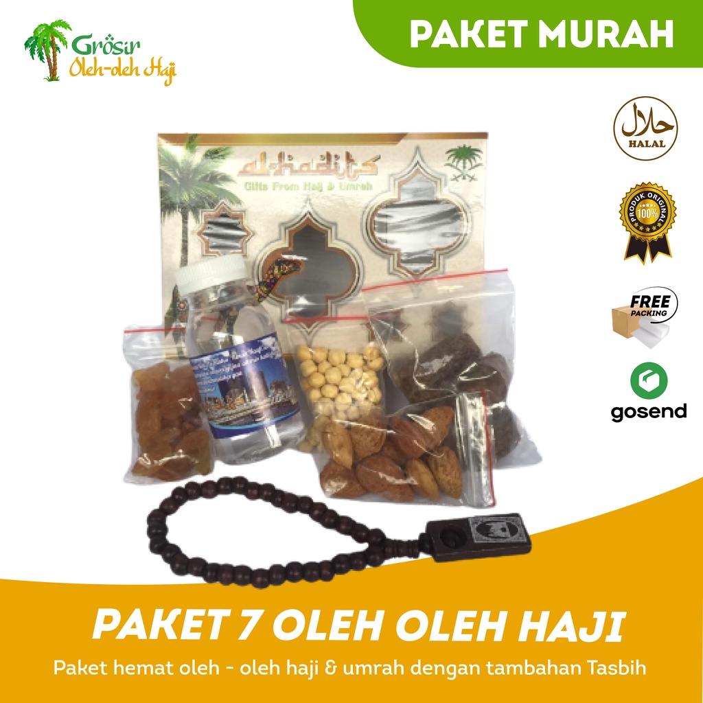 Paket 7 Oleh Oleh Haji Umroh Souvenir Kardus Isi Air Zam Zam 80ml Kurma Kismis Kacang almond + Tasbih