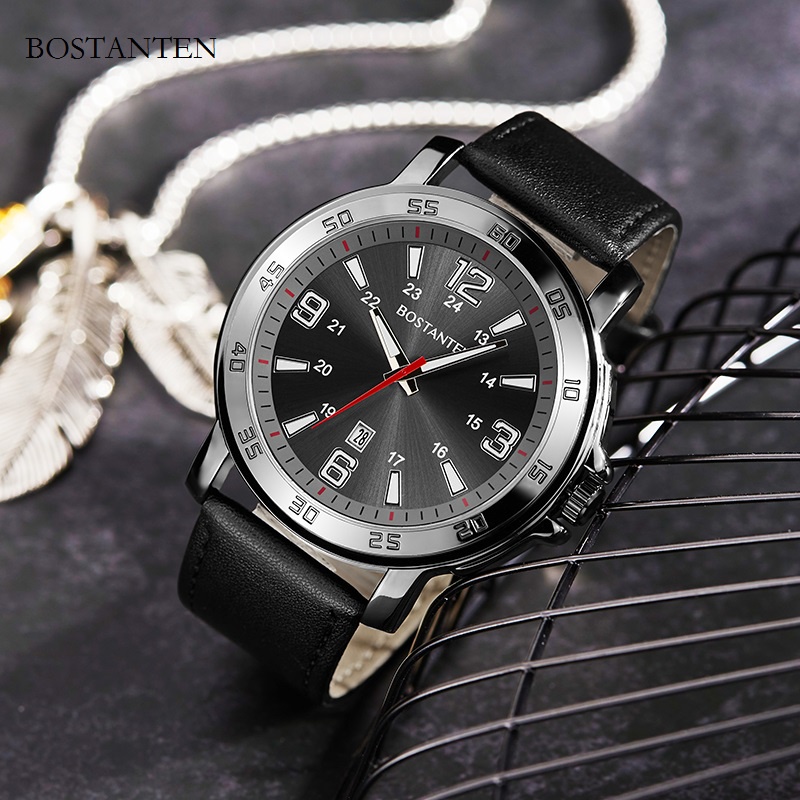 Bostanten Jam Tangan Pria Jam Tangan Kulit Fashion Kuarsa Tahan Air