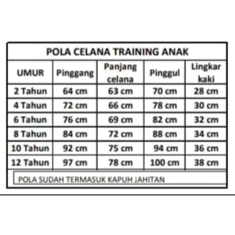 POLA CELANA TRAINING ANAK 6 UKURAN, 2 SAMPAI 12 TAHUN