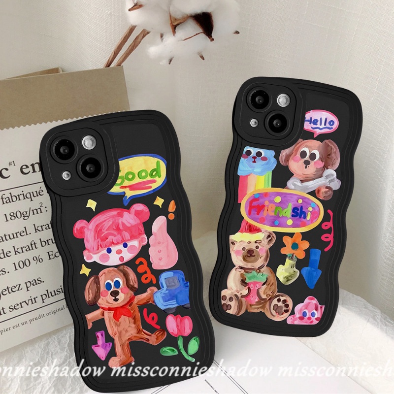 IPHONE Couple Case Kompatibel Untuk Iphone6 6s 8 7 Plus 11 14 13 12 Pro Max XR 14Plus X XS Max SE 2020 Kartun Grafiti Anjing Lucu Populer Gadis Lucu Stiker Lembut Bergelombang Tepi Case