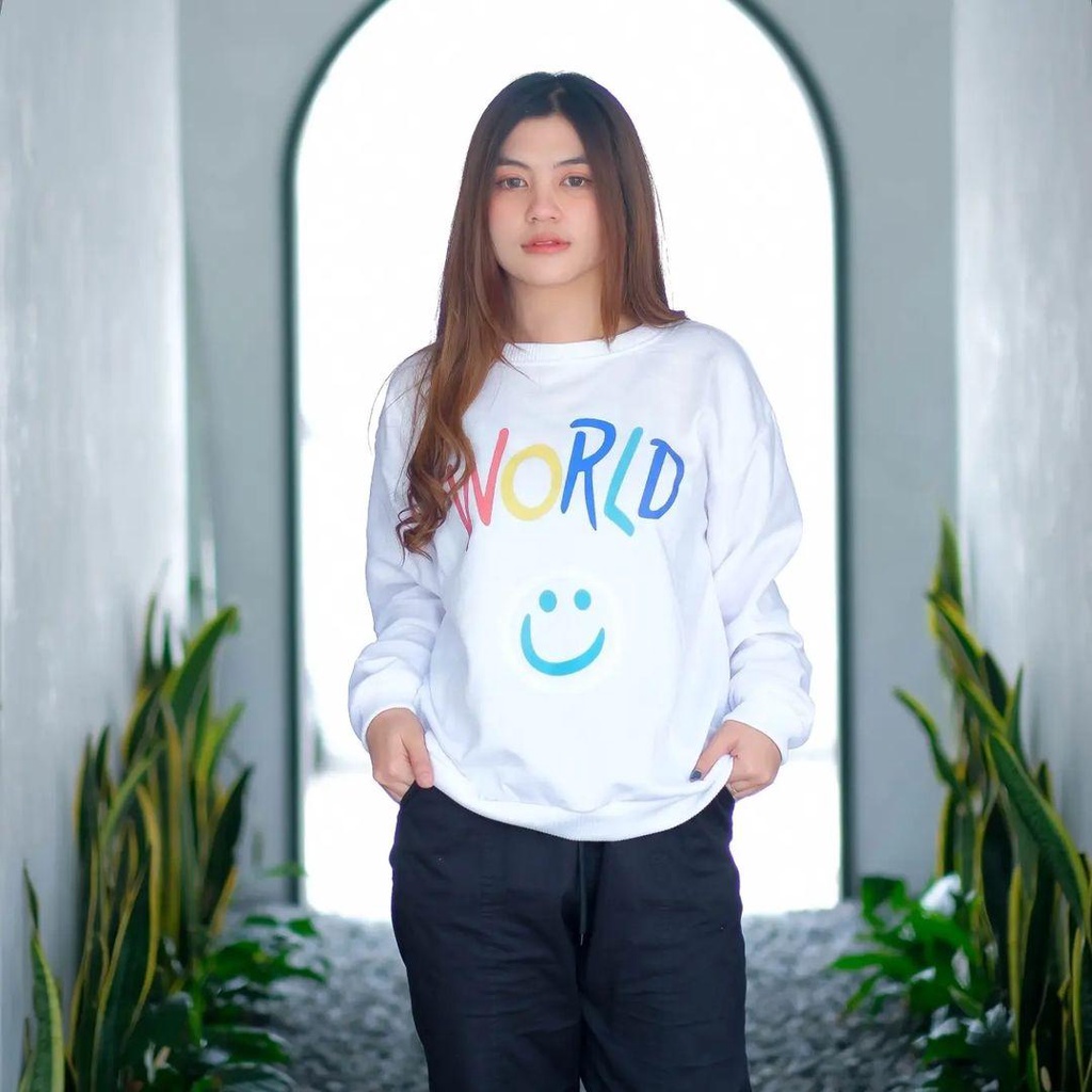 Sweater Crewneck Basic WORLD SMILE bisa untuk pria/wanita