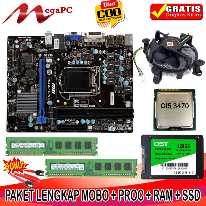 Paket Rakitan 1155 H61 DDR3 + Core i5 3470 + FAN + RAM + SSD 128GB + Windows