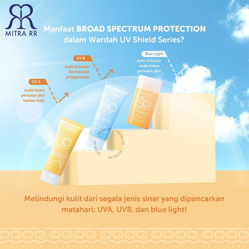 Wardah Sunscreen Series Essential Sunscreen Gel | UV Shield Aqua Fresh Essence | Active Protection Serum SPF 50 PA++++ Sunblock Wajah Waterproof