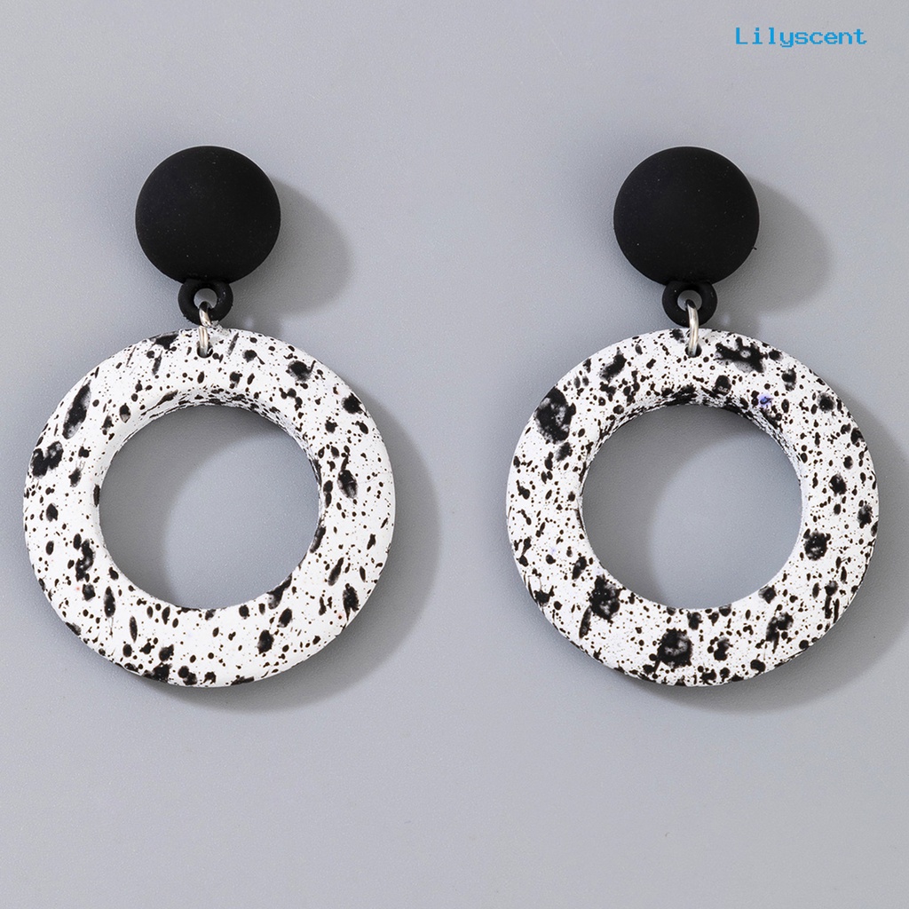 [LS] Fashion Hitam Putih Bulat Gantung Drop Menjuntai Ear Stud Earring Perhiasan Aksesori