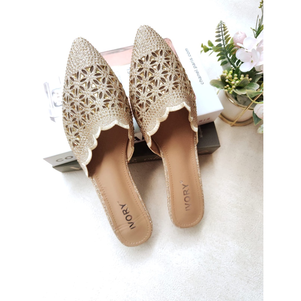 IVORY Sandal Pesta Mules Ukuran Besar Size 41 42 43 44 Glitter Import B533-894