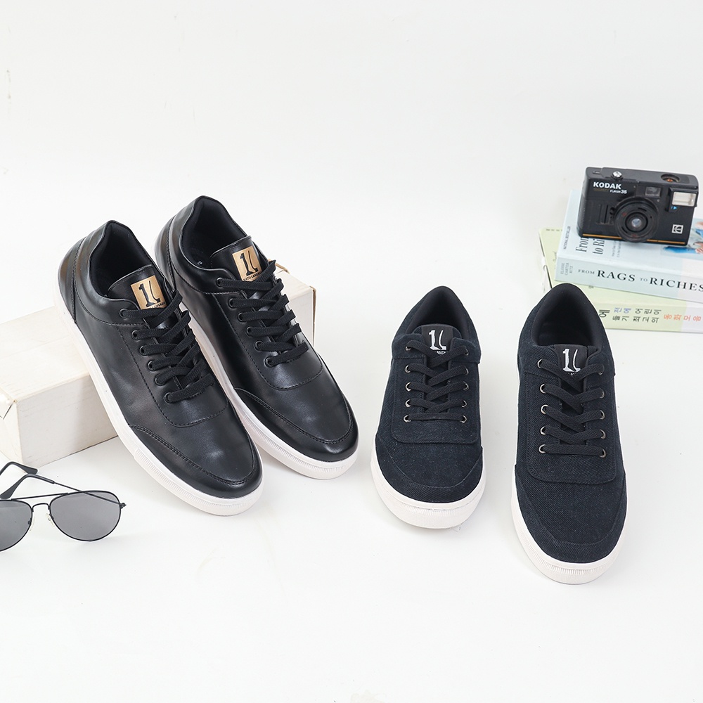 FRANKY LEATHER BLACK |ManNeedMe x 1 LANGKAH| Sepatu Sneakers Pria Casual Shoes Sporty Sol Dijahit PREMIUM ORIGINAL