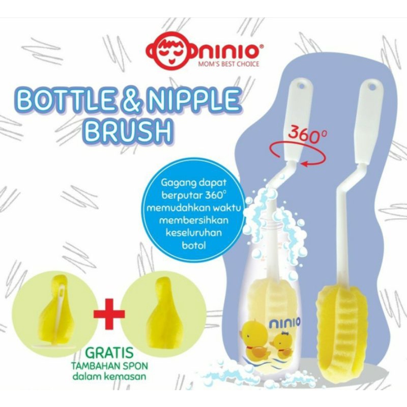 Set 2 in 1 Ninio Sikat Sponge Pembersih Botol Susu, Dot Bayi Rotate 360°| Spons Pembersih Dot NINIO