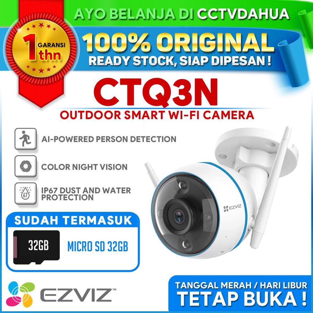 EZVIZ CTQ3N 2 MP 1080P OUTDOOR WIFI COLOR NIGHT VISION AI HUMAN DETECT FREE MICROSD 32GB