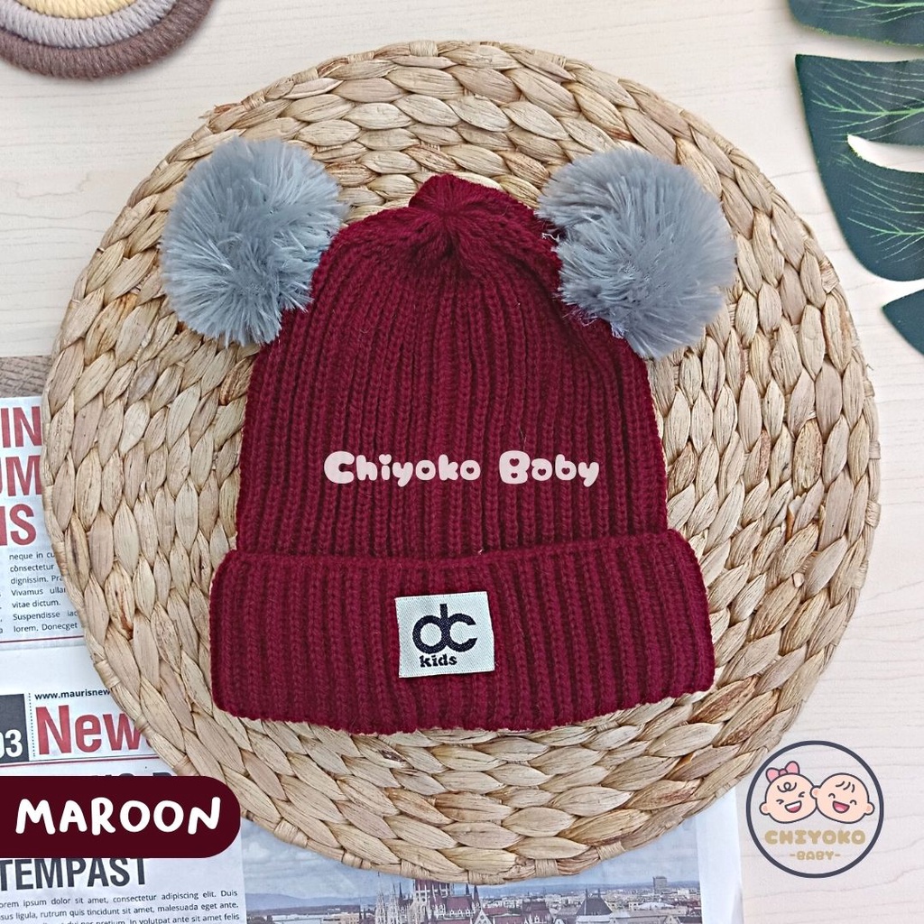 Topi Rajut Kupluk Bayi Pom Pom Premium / Topi Bayi Pom Pom Anak Laki - Laki Perempuan / Kupluk Baby Pompom DC Kids Chiyoko Baby