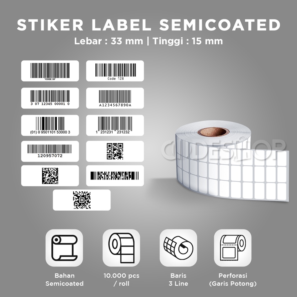 LABEL BARCODE 33x15 mm KERTAS STICKER SEMICOATED 3 Line Isi 10.000pcs
