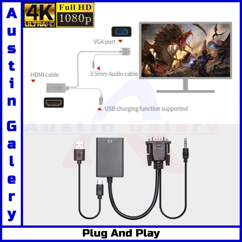 Adapter VGA Male Input TO HDMI Female Output With Audio Input Full HD1080P Untuk PC Komputer TV Projector