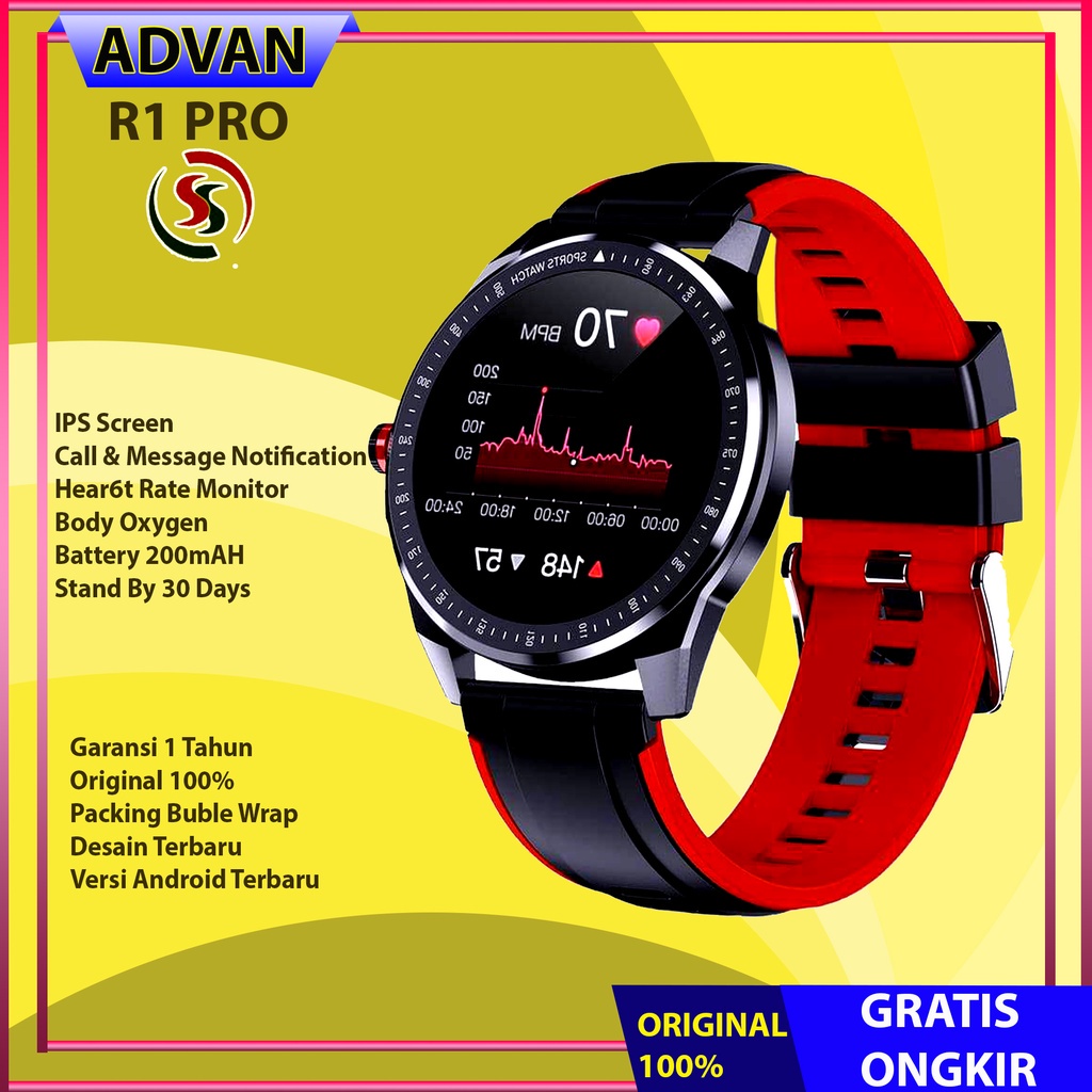 Advan Startgo Smartwatch R1 Pro 1.3 inci | Pemantauan SpO2 24 Jam | Blood Oxygen | 15 mode olahraga Garansi Resmi 12 Bulan - Black Red