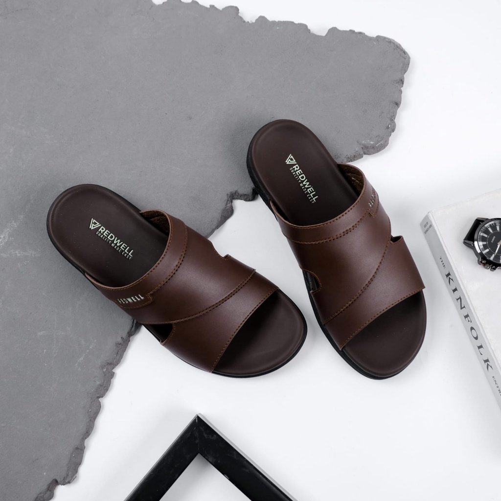 Sandal slop kulit/sendal slide pria  redwell original brand/sendal slop slip on basic kulit empuk