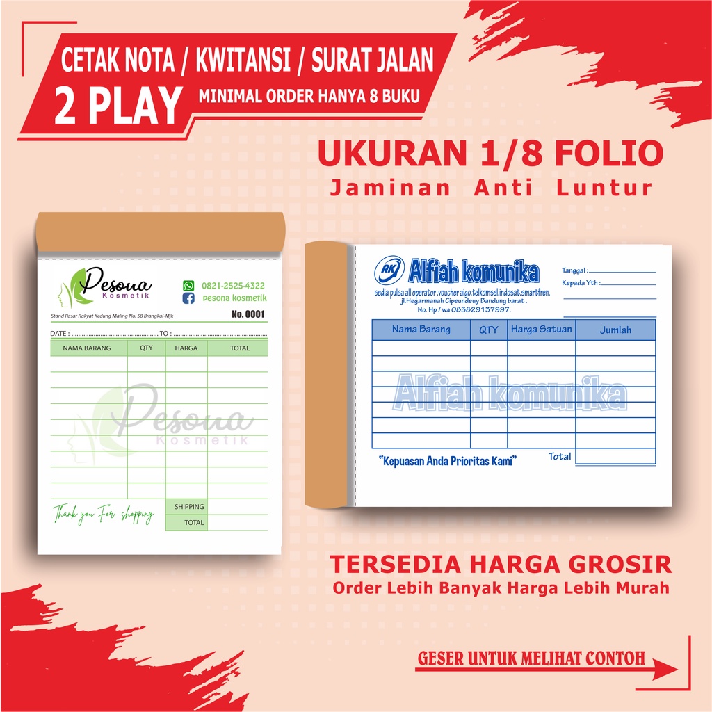 CETAK NOTA CUSTOM 2 PLY 1/8 FOLIO / KWITANSI 2 PLAY / SURAT JALAN CUSTOM 2 PLAY ( BEBAS DESAIN )