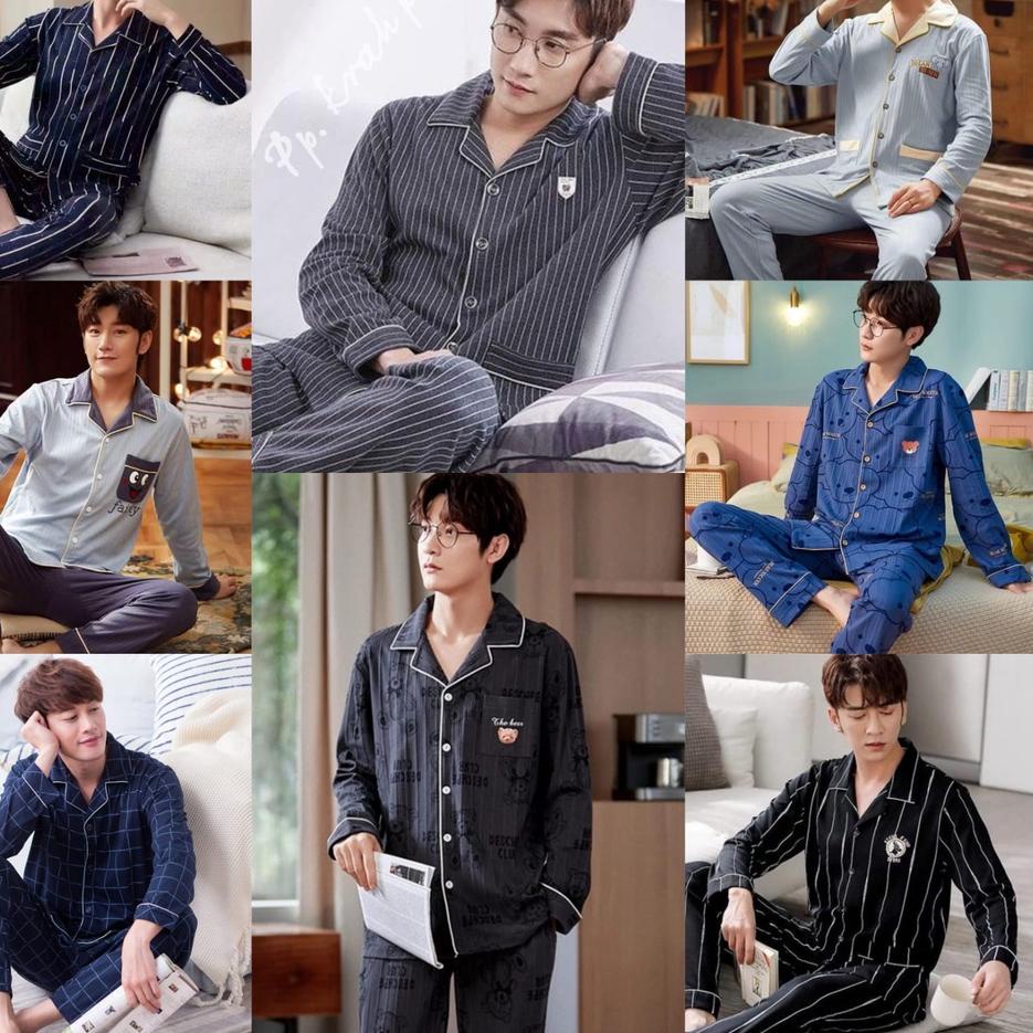 BISA ✨COD✨ Setelan Piyama Baju Tidur Pria Import Lengan Panjang/Piyama Dewasa Bahan RIB grosir