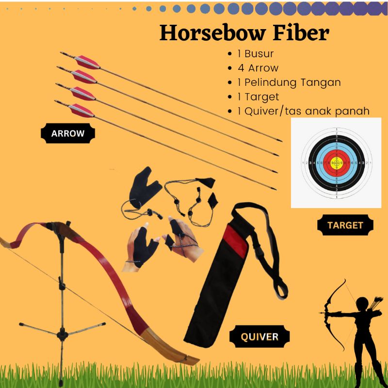 Paket Busur Horse Bow Aksesoris Olahraga Panahan Horsebow Fiber