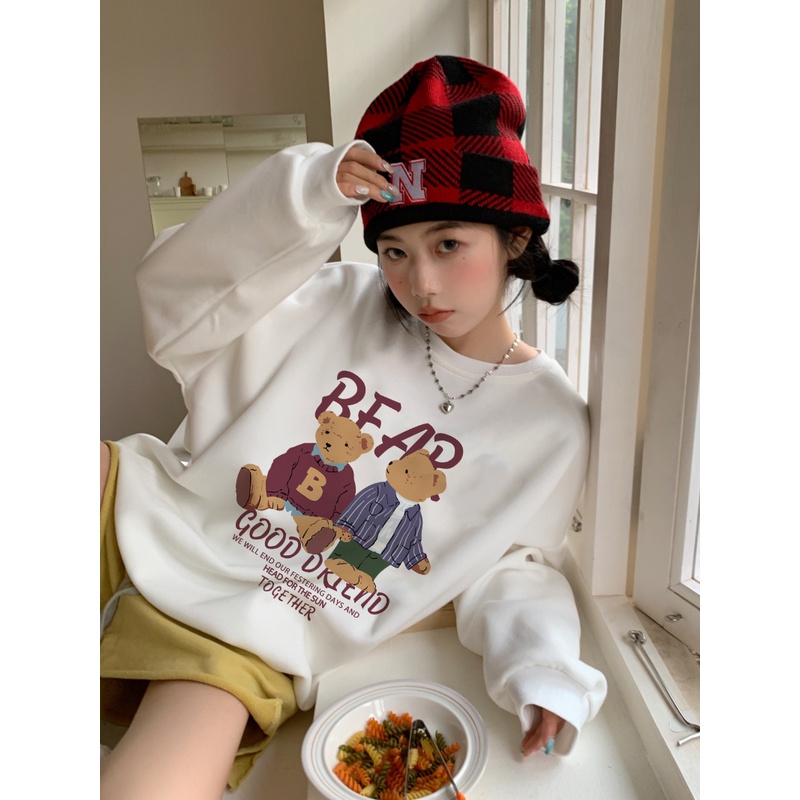 EUNII Sweater Lengan Panjang Red Cartoon Plush Bear Korean Style/Sweater Crop/Baju Wanita/Switer Wanita/Switer