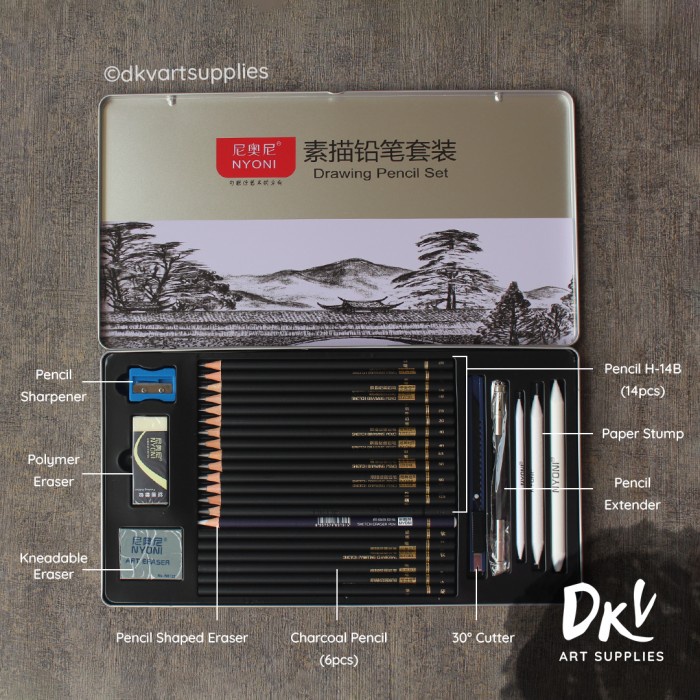 

Nyoni Sketch Drawing Pencil / Pensil Arang Charcoal 29 Pcs Tin Case