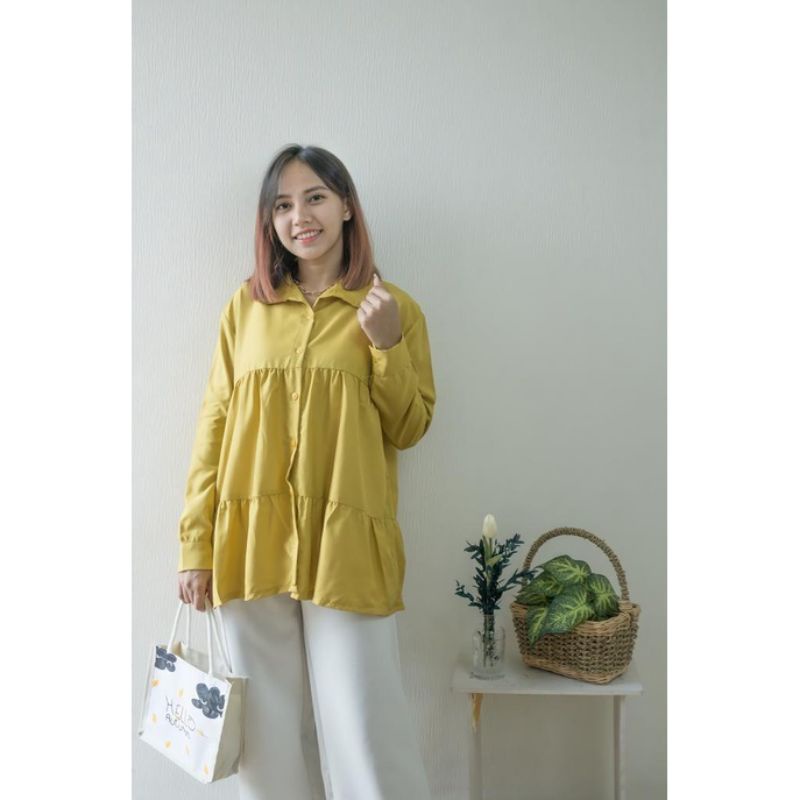 Kemeja Ruffle Blouse Atasan Wanita Rempel Full Kancing Busui